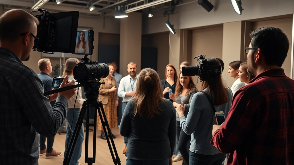 Diverse television production crew filming dramatic scene indoors, multiple performers collaborating with director in background, professional equipment visible, creative energy captured mid-production moment