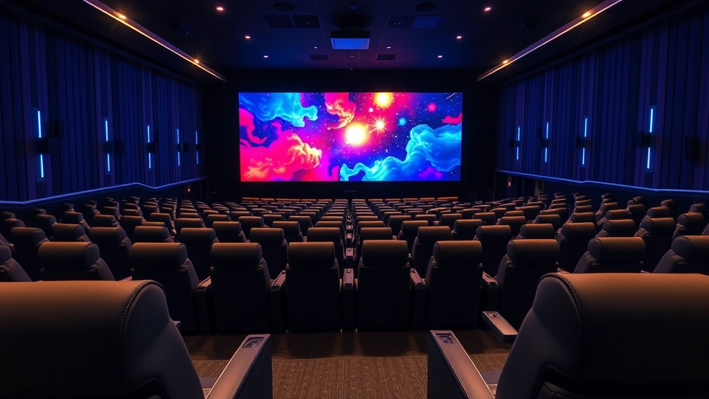 Modern luxury movie theater auditorium with reclined seating, ambient lighting, and large premium screen displaying vibrant colors, empty theater ready for audience