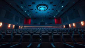 Cinematic wide shot of a modern multiplex theater interior with premium seating, theatrical lighting, and digital projection technology visible, empty theater showing ambient lighting design