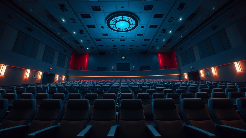 Cinematic wide shot of a modern multiplex theater interior with premium seating, theatrical lighting, and digital projection technology visible, empty theater showing ambient lighting design