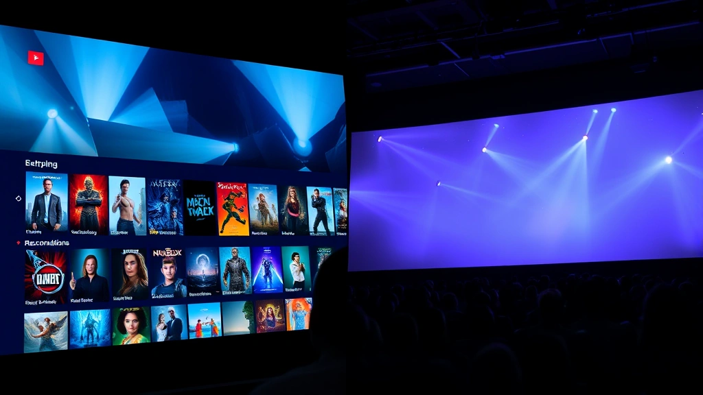 Split screen composition showing streaming service interface on left with movie thumbnails and recommendations algorithm visible, theatrical IMAX screen on right with audience silhouettes, contrasting viewing experiences