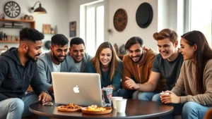 Young diverse group of friends gathered around laptop during fantasy football draft, intense focused expressions, modern living room setting with sports memorabilia, natural lighting through windows, casual attire, coffee cups and snacks on table