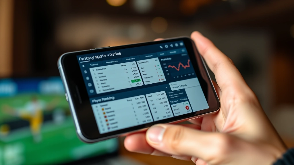 Close-up of hands holding smartphone displaying fantasy sports statistics and player rankings, multiple windows open, analytical dashboard visible, warm indoor lighting, professional presentation of data visualization