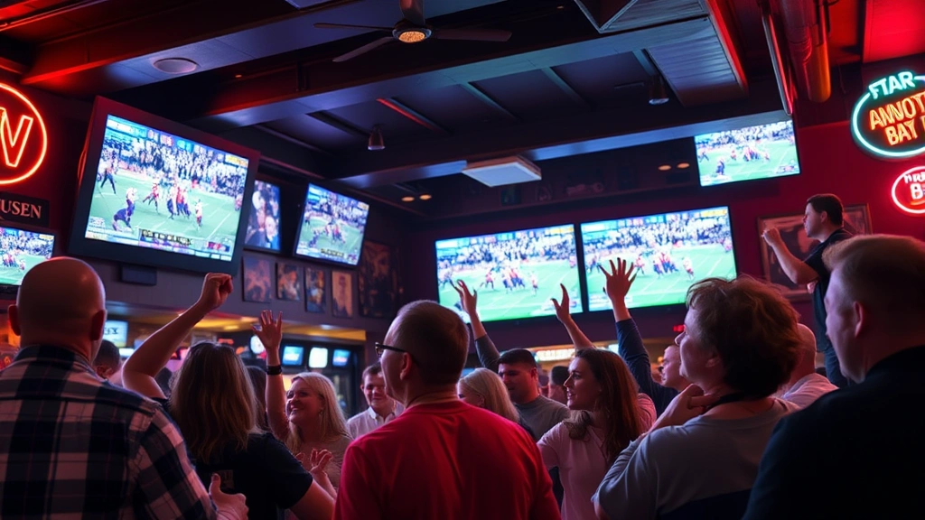 Celebration scene at sports bar with mixed group of people watching game on multiple screens, excited expressions, casual atmosphere, neon signage in background, authentic bar environment with authentic crowd energy