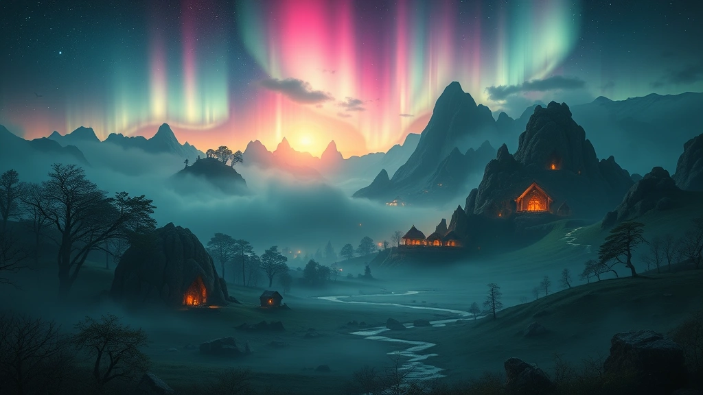 Cinematic wide shot of fantasy landscape with magical elements, glowing auroras and ethereal mist, professional color grading, cinematic lighting, no text or UI elements
