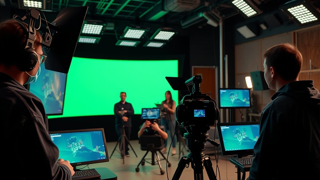 Close-up of advanced motion capture technology setup in professional studio environment, technicians working with digital displays and equipment, photorealistic detail, no screens with readable text