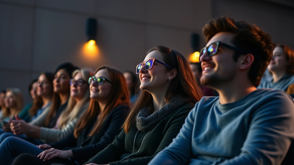 Diverse audience members in modern theater watching immersive fantasy film, expressions of wonder and engagement, warm lighting, cinematic composition, no visible screen content