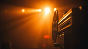 Cinematic scene with dramatic lighting showing film projector beam in dark theater, warm amber light, close-up of projection equipment with depth of field blur