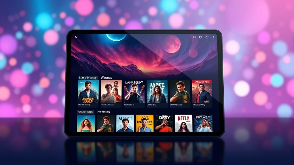 Modern streaming interface concept art showing colorful movie thumbnails and selection options, tablet or screen display of digital media library, vibrant contemporary design