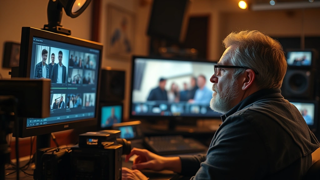 Film director or critic reviewing footage on professional monitor, surrounded by equipment in editing suite, contemplative expression analyzing visual content, warm studio lighting