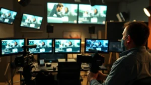 Film production crew member reviewing digital footage on professional cinema monitors in a modern movie studio editing suite with multiple screens and professional-grade equipment