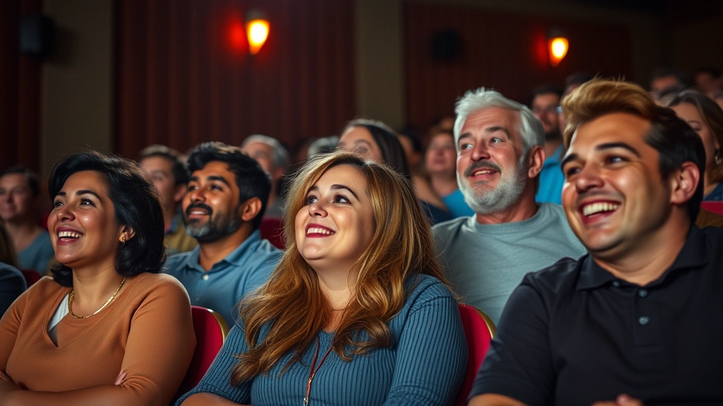 Movie theater audience members watching a comedy film with expressions of engagement and laughter, showcasing diverse viewers enjoying entertainment in a cinema setting