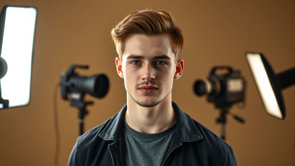 Young male actor in professional photo shoot lighting, modern studio setting, contemporary professional headshot style, dramatic directional lighting on neutral background, cinematic quality photography