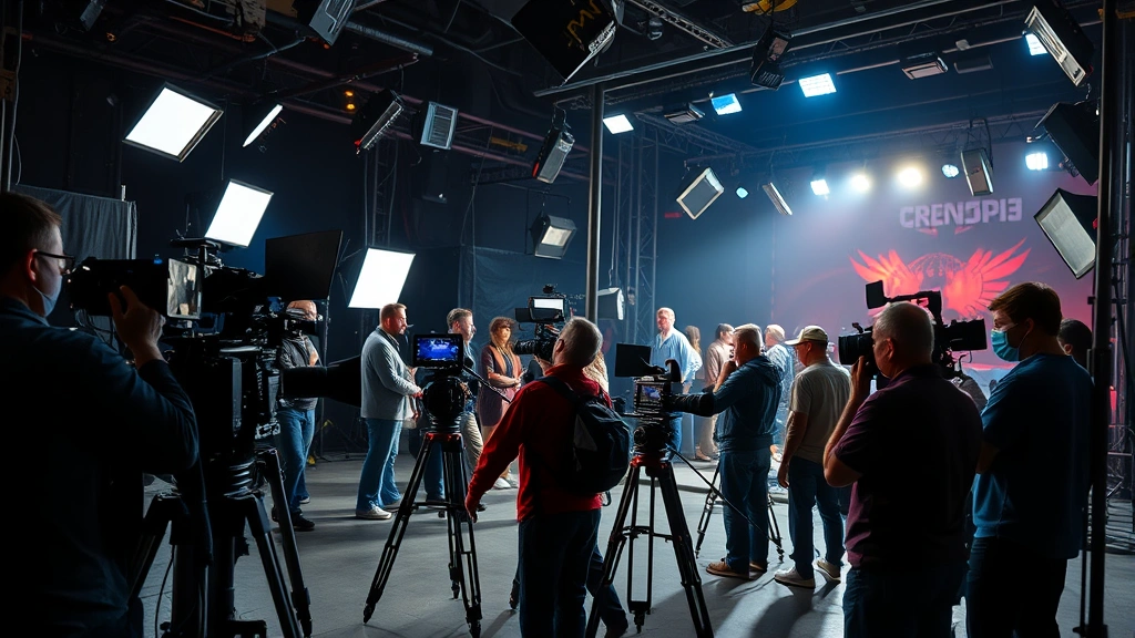 Film production set with cameras, lighting rigs, and crew members working on television or movie production, bustling entertainment industry environment, professional cinematography equipment visible, behind-the-scenes authentic production atmosphere