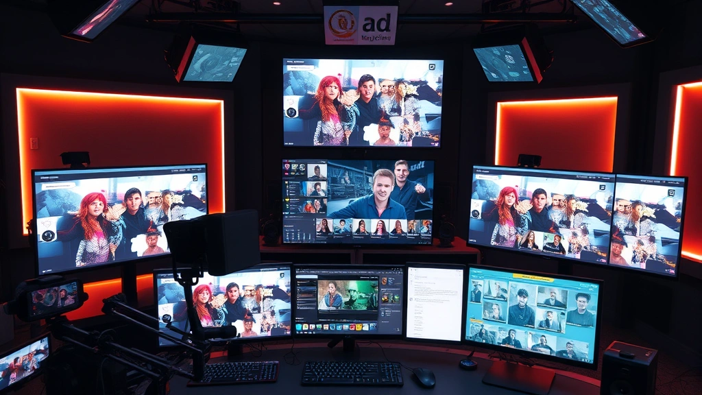Digital media content creation workspace with multiple screens, streaming setup, social media interface elements visible, modern creator studio environment, contemporary entertainment media technology landscape