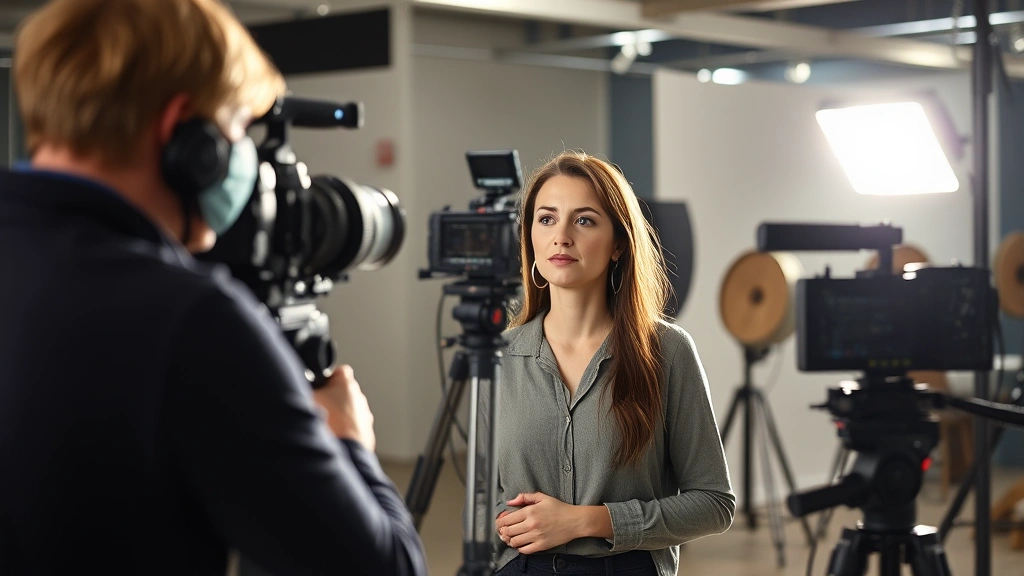 Professional actress on film or television set, behind-the-scenes creative environment, working with director or scene partner, collaborative artistic moment, natural production lighting