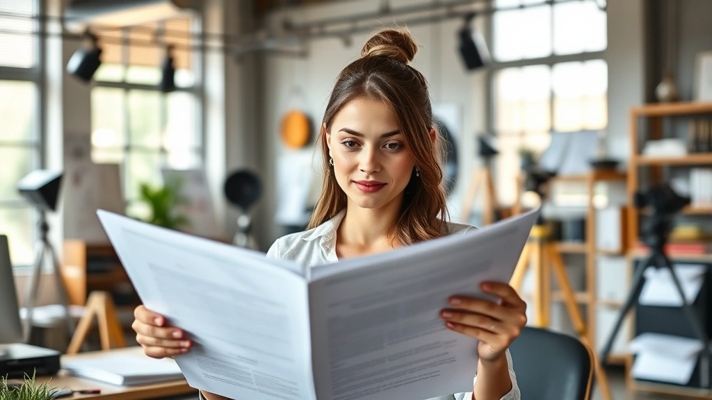 Young professional woman reviewing scripts in modern office space with natural lighting, surrounded by production materials and creative workspace elements, confident expression, contemporary professional setting, photorealistic