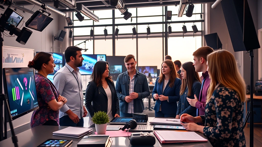 Entertainment industry professional environment showing creative collaboration, diverse team members in discussion around digital displays and production materials, modern studio aesthetic, photorealistic workplace dynamics