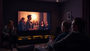 Cinephile watching film on modern television screen in dimly lit home theater room, warm ambient lighting, professional cinematography setup, comfortable seating visible, focused expression of engagement, no visible text or interface elements
