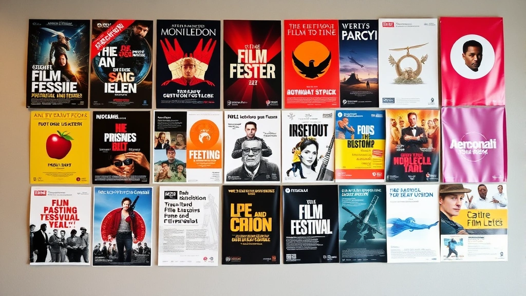 Diverse group of international film festival posters and cinema promotional materials displayed on wall, vibrant colors representing different cultures and film traditions, artistic composition emphasizing global cinema, no readable text legible
