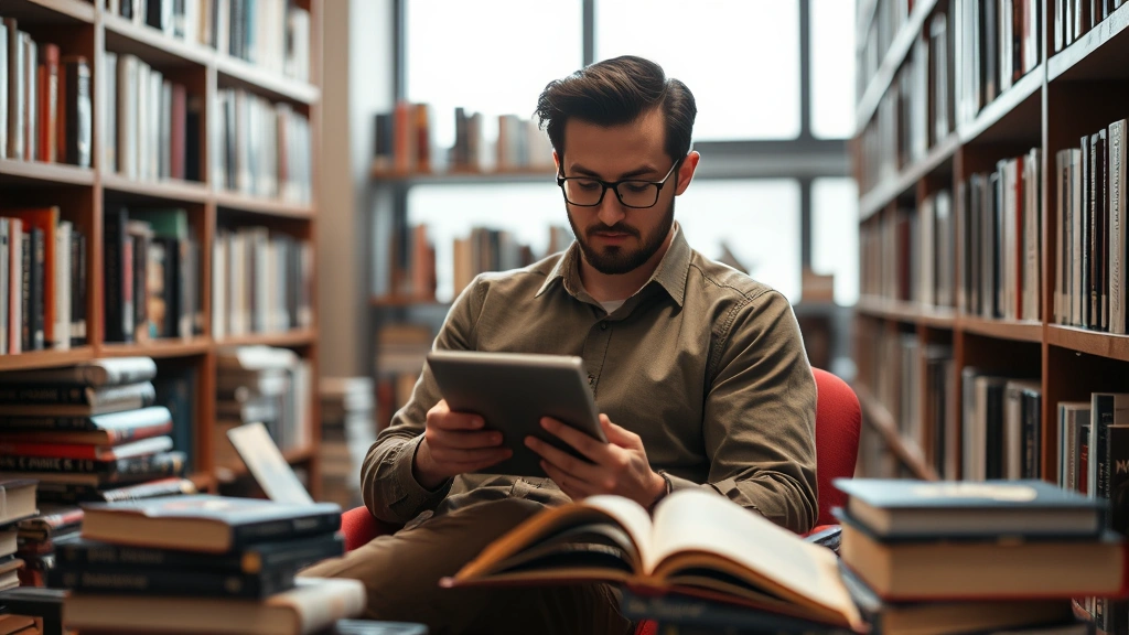 Film enthusiast reading movie review on tablet device while sitting in modern library setting surrounded by film criticism books and cinema references, warm natural lighting from window, contemplative scholarly atmosphere, no screen content visible