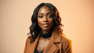 British-Nigerian actress in professional headshot, confident expression, warm studio lighting, contemporary fashion, professional setting, diverse representation in entertainment industry