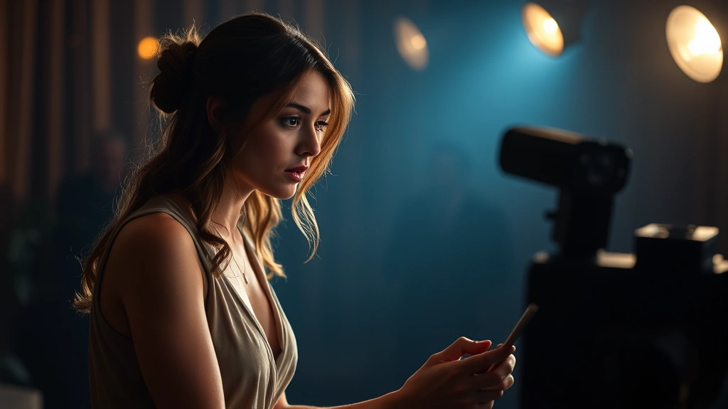 Actress performing in dramatic television scene, emotional depth, theatrical lighting, moment of character vulnerability, professional production quality, contemporary television aesthetic