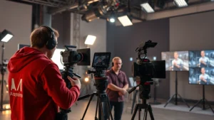 Cinematic production crew operating professional camera equipment on dramatic film set with lighting rigs and director monitoring screens, photorealistic modern studio environment