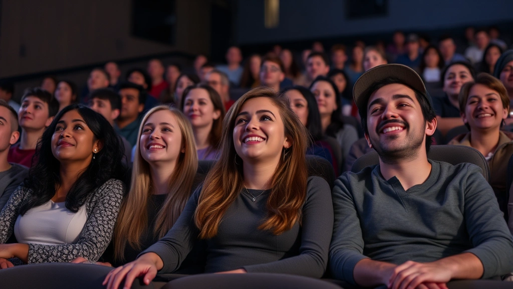 Diverse audience members watching film in modern cinema theater with engaged expressions, comfortable seating, and varied emotional reactions to on-screen content