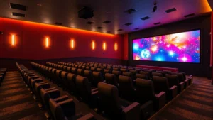 Modern cinema auditorium interior with rows of comfortable reclined seats, warm ambient lighting, and a large projection screen displaying vibrant colors, photorealistic cinema environment