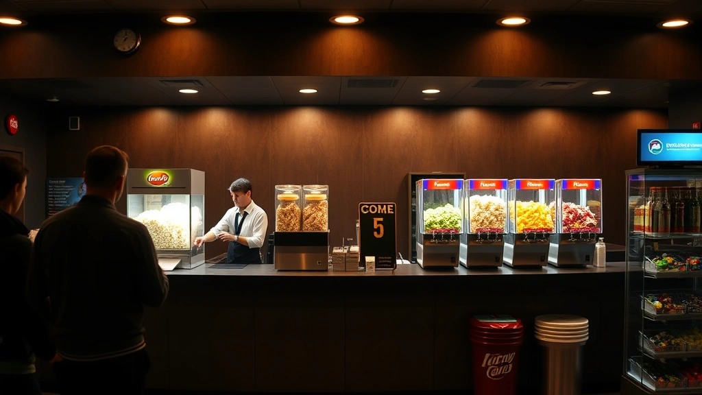 Movie theater concession stand counter with illuminated popcorn machine, beverage dispensers, and candy displays, staff member serving customers, warm theatrical lighting, professional concession area