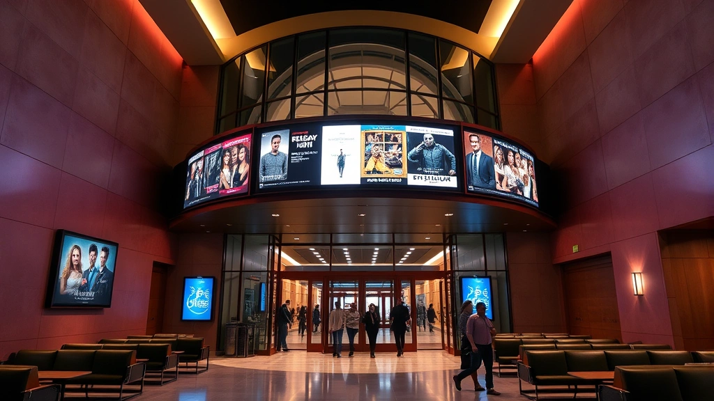 Theater lobby entrance with digital marquee displaying current films, comfortable seating areas, modern architectural design, patrons walking through space, contemporary cinema aesthetic