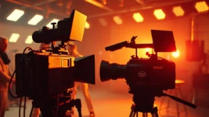 Vintage 1970s film production scene with dynamic lighting, warm color grading, professional cinema camera equipment, and vibrant golden-hour cinematography reflecting classic blaxploitation era filmmaking aesthetic without visible text or screen interfaces