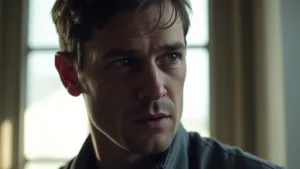 Close-up of professional actor in character during intimate dramatic scene, soft natural window lighting, focused expression showing emotional vulnerability, minimalist background emphasizing performance authenticity