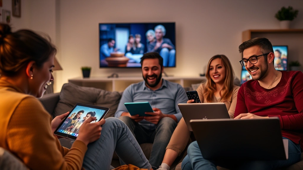 Diverse group of people enjoying movies on different devices—tablet, smart TV, laptop—in comfortable home settings with soft lighting, representing multi-platform streaming access