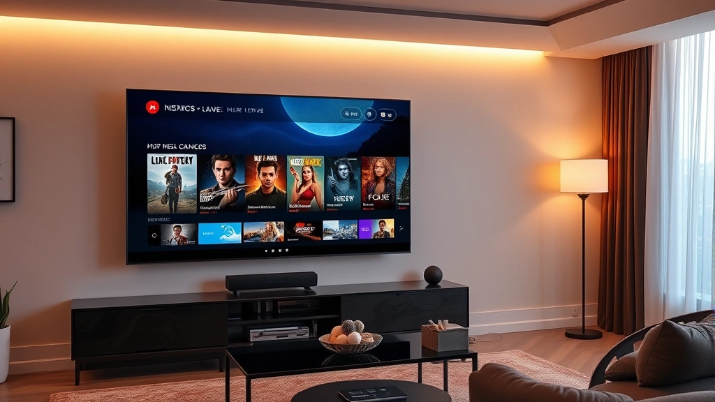 Modern digital media center with streaming interface displayed, showing movie thumbnails and recommendation algorithms with warm ambient lighting and contemporary interior design