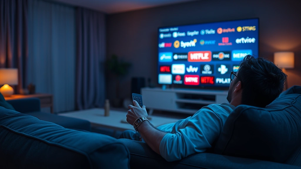 Person relaxing on couch with remote control, multiple streaming service logos subtly visible in background on television screen, cozy home theater environment with professional cinematography