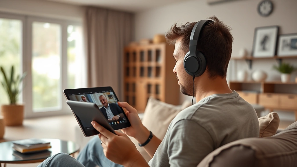Person wearing headphones watching a movie on a tablet device in a modern living room, natural lighting, casual comfortable setting, photorealistic high quality