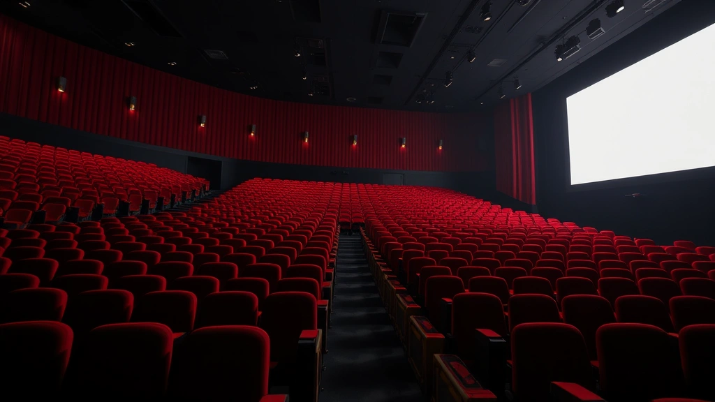 Cinematic wide shot of a movie theater interior with rows of empty red seats, screen glowing in darkness, atmospheric professional photography