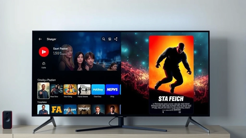 Split screen showing streaming app interface on one side and theatrical movie poster on the other, modern digital design aesthetic, clean composition