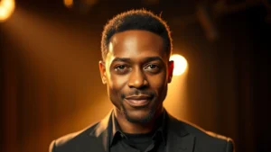 Professional headshot of mature Black male performer in stage lighting, theatrical setting, warm golden tones, confident expression, classic entertainment studio photography style