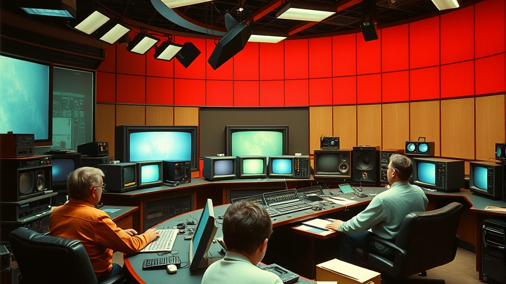 1970s television studio control room with technicians and monitors, vibrant color palette, documentary-style photography capturing live broadcast atmosphere and technical production environment