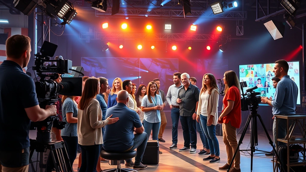Contemporary entertainment industry scene showing diverse group of performers and crew collaborating on set, modern broadcast equipment, professional production environment with dynamic lighting
