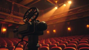 Vintage Hollywood film projector in dimly lit classic movie theater with warm amber lighting, showing dramatic shadows on ornate theater walls
