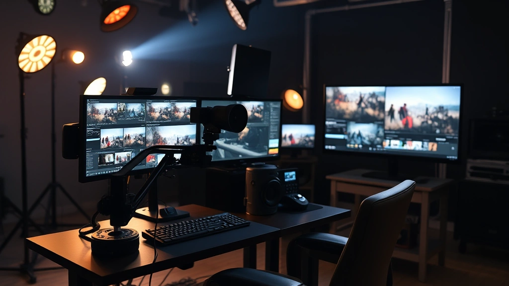 Film director at digital workstation with multiple monitors displaying color-graded cinematography and visual effects compositing software in professional studio lighting
