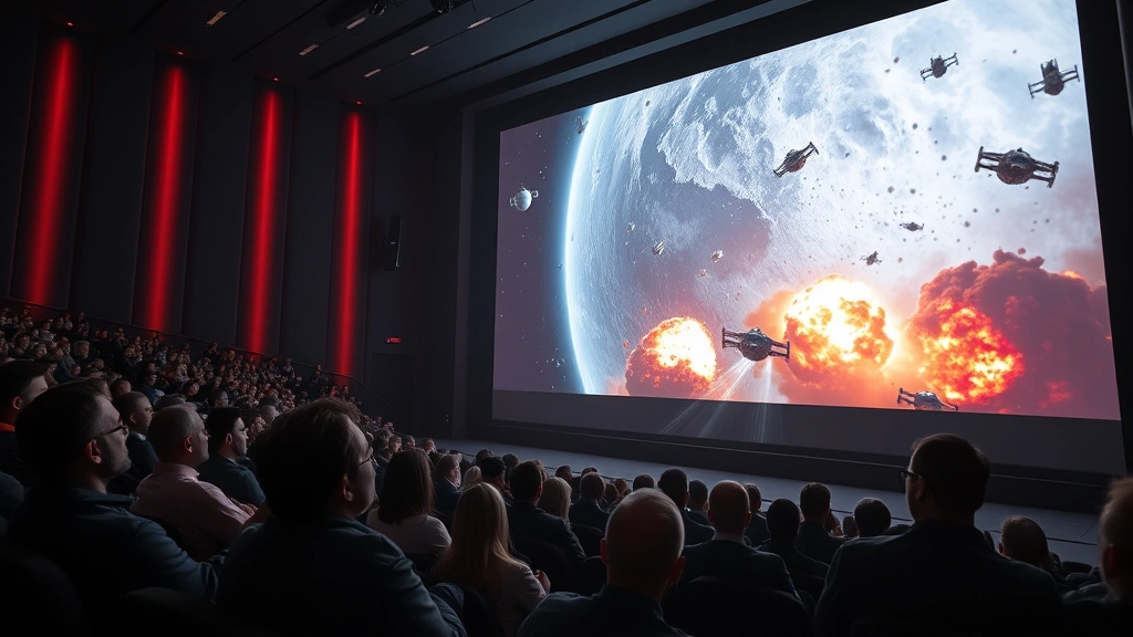 Modern cinema audience in theater experiencing large-scale projection of space battle sequence with realistic digital effects and practical explosions during blockbuster action scene