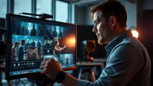 Professional action film director reviewing cinematic compositions on a digital monitor in modern film studio, dramatic lighting on face concentrating on screen details, cinematic color grading visible