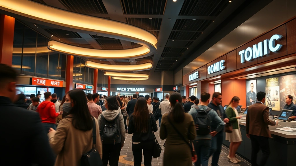 Wide shot of international movie theater lobby with diverse audiences purchasing tickets at modern box office counter, ambient theatrical lighting, motion blur suggesting busy commercial activity