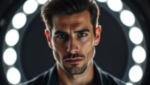 Professional headshot of male actor with Italian features in dramatic lighting, serious contemplative expression, studio setting, professional photography style, film industry aesthetic