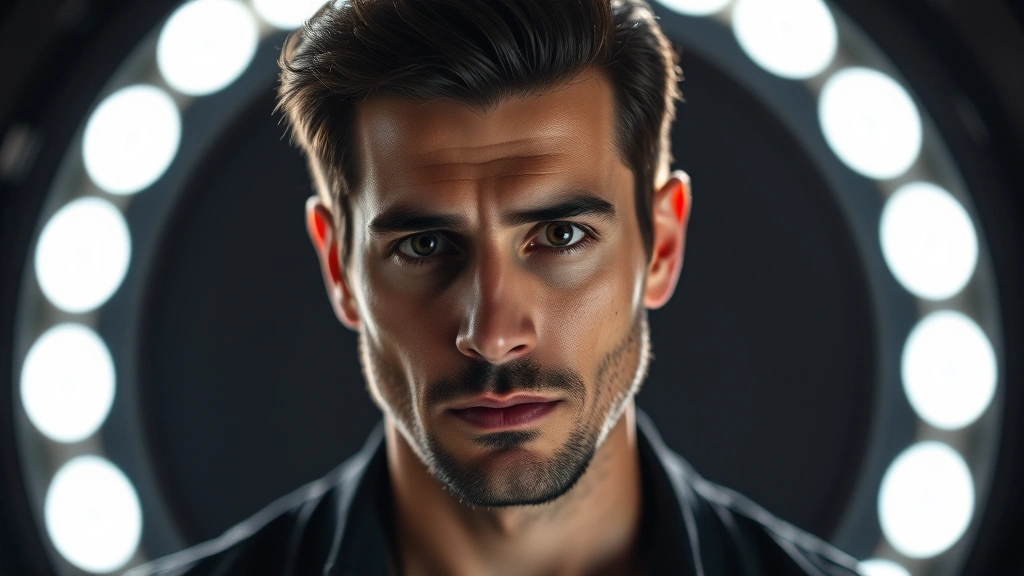 Professional headshot of male actor with Italian features in dramatic lighting, serious contemplative expression, studio setting, professional photography style, film industry aesthetic